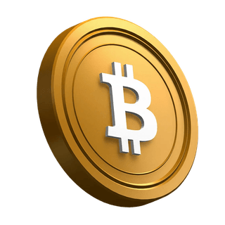 Elemen visual di bagian hero berupa koin Bitcoin BTC dalam posisi miring