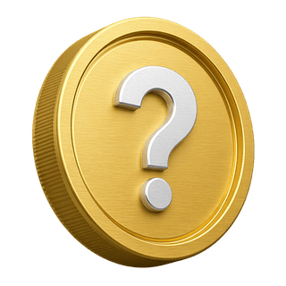 Elemen dekoratif halaman FAQ berupa koin emas 3D yang menampilkan tanda tanya
